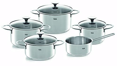 Fissler Copenhagen/Stainless steel cookware set, 5-piece, cooking pot set, pots with glass lids (3 cooking pots, 1 stewing pot, 1 saucepan without lid) - Induction on sale